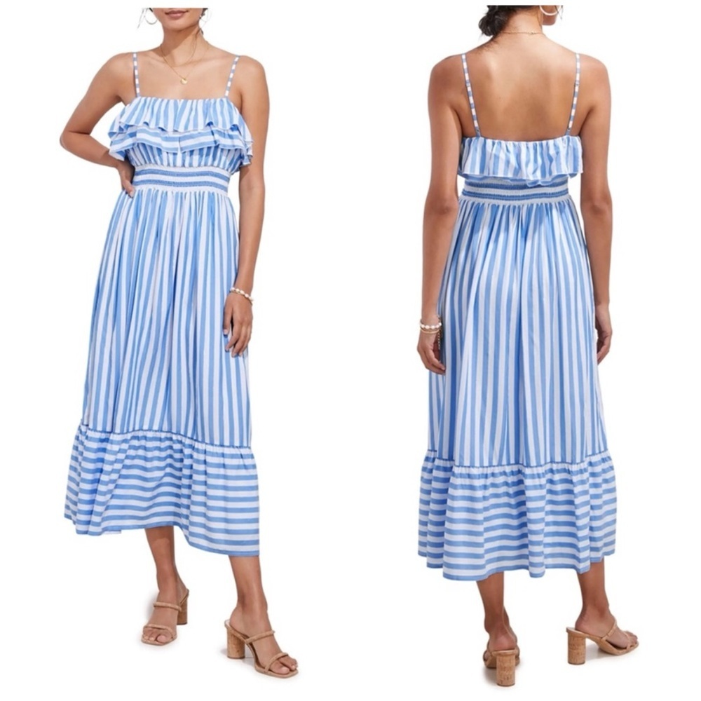 Vineyard Vines Blue and White Striped Ruffle Midi Dress